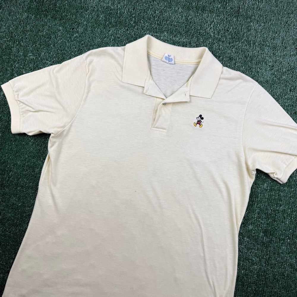 Vintage Disney Mickey Mouse Polo Shirt Mens Large Cream Yellow Made in USA